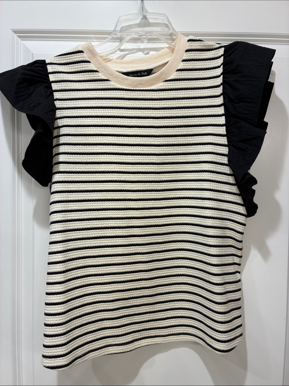 Striped Ruffle Sleeve Tank Top - Black & Cream